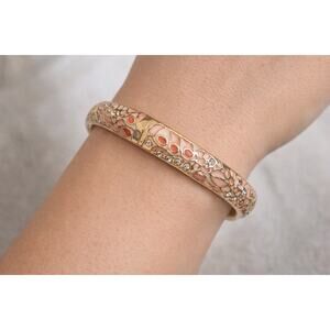 Sequin Pink Enamel Hinged Bangle Bracelet Gold Tone Crystals